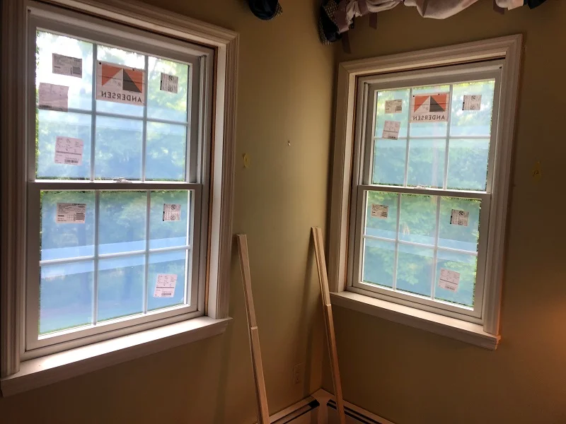 Andersen double hung windows ready for interior trim